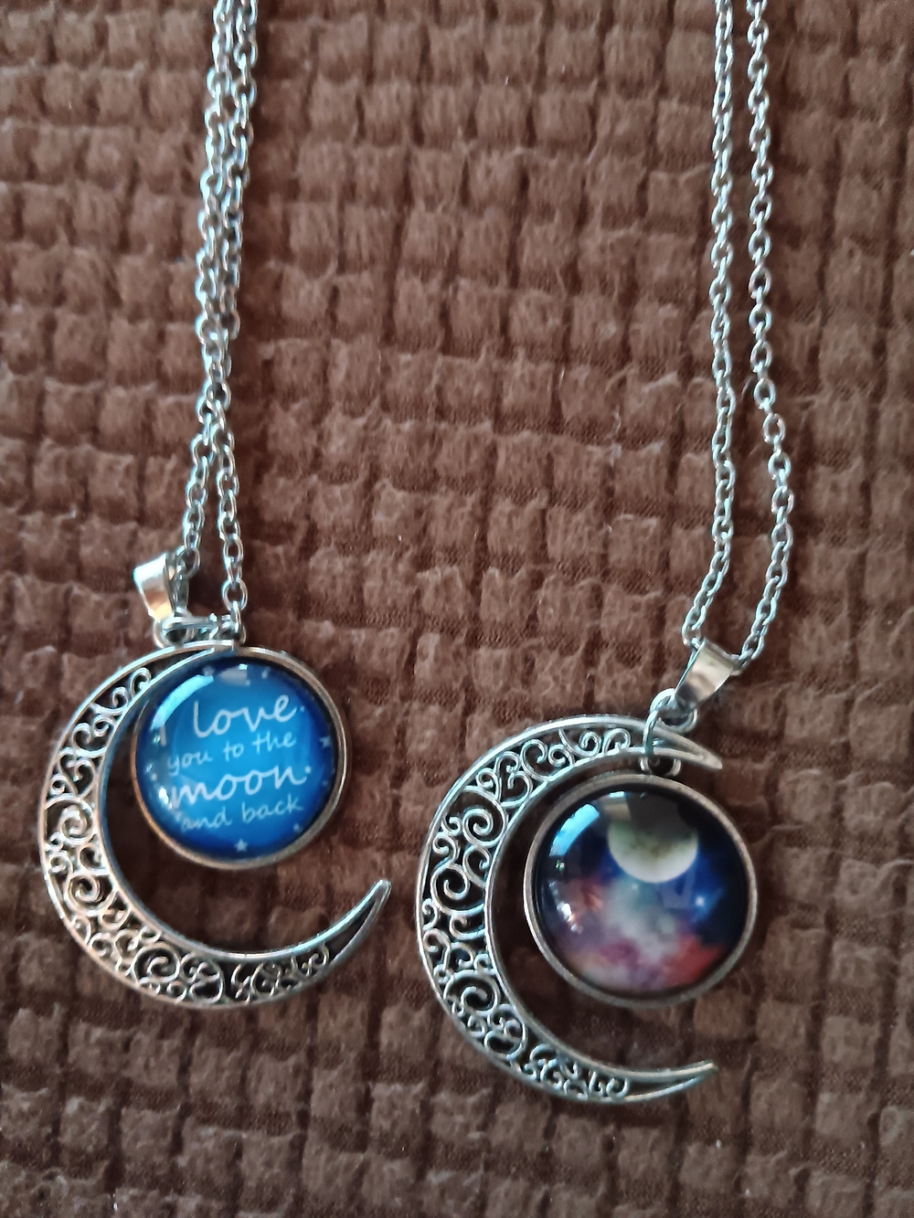 Two Silver Crescent Moon Pendants Necklaces with Blue Galaxy Charm